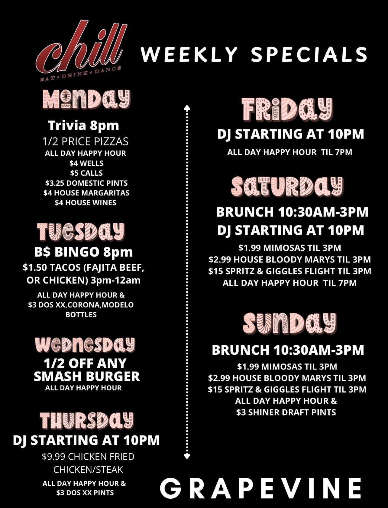 Weekly specials at Chill